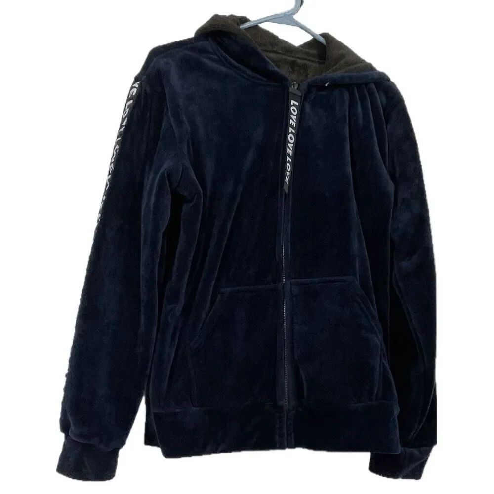 Navy Blue velvet full zip front LOVE” down sleeves and zipper pull